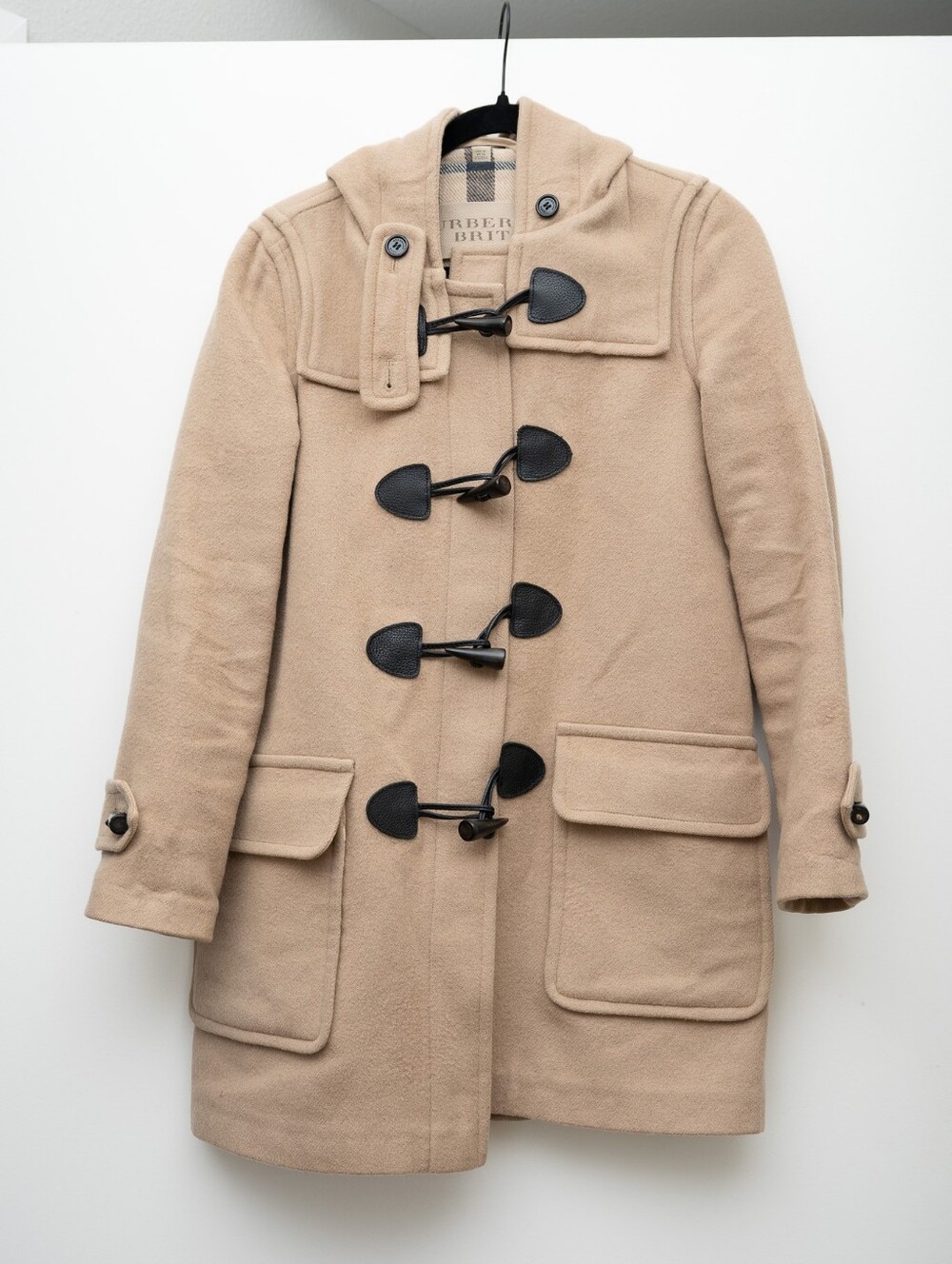 BURBERRY Brit Camel 100% Wool Hooded Duffle Toggle Coat Nova Check FRA 36 US 4